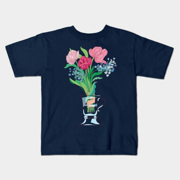 Three tulips and Spring flowers in a tea cup, glass jar Kids T-Shirt by IngaDesign